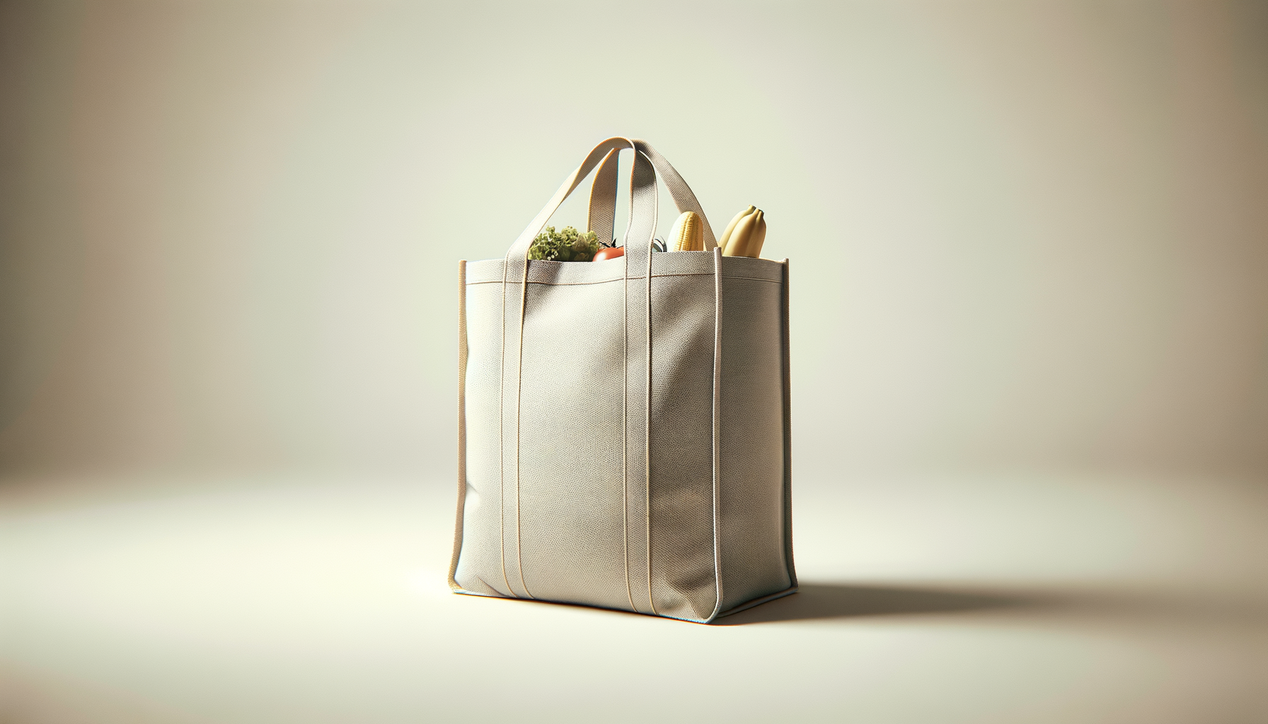 A reusable beige tote bag filled with groceries such as bananas, a tomato, and other vegetables on a neutral background.