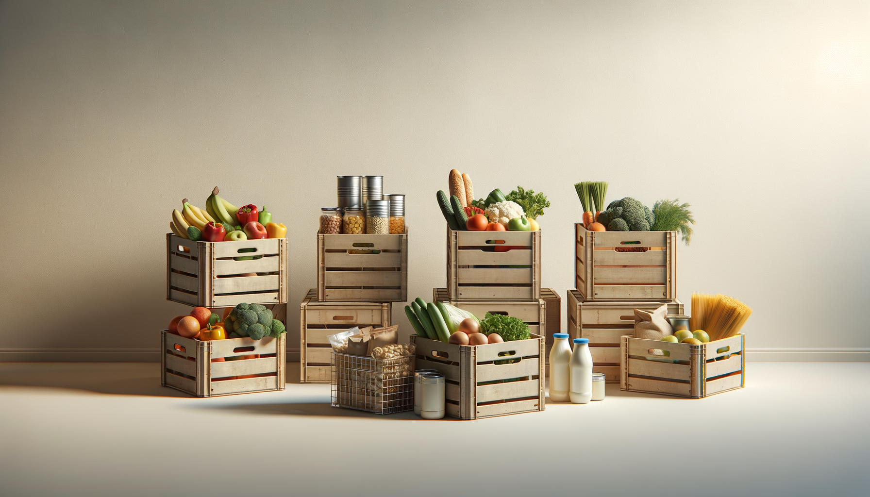 Stacks of wooden crates filled with fresh fruits, vegetables, canned goods, and dairy products on a neutral background.