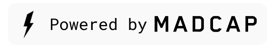 Black and white graphic with lightning bolt icon and text 'Powered by MADCAP'
