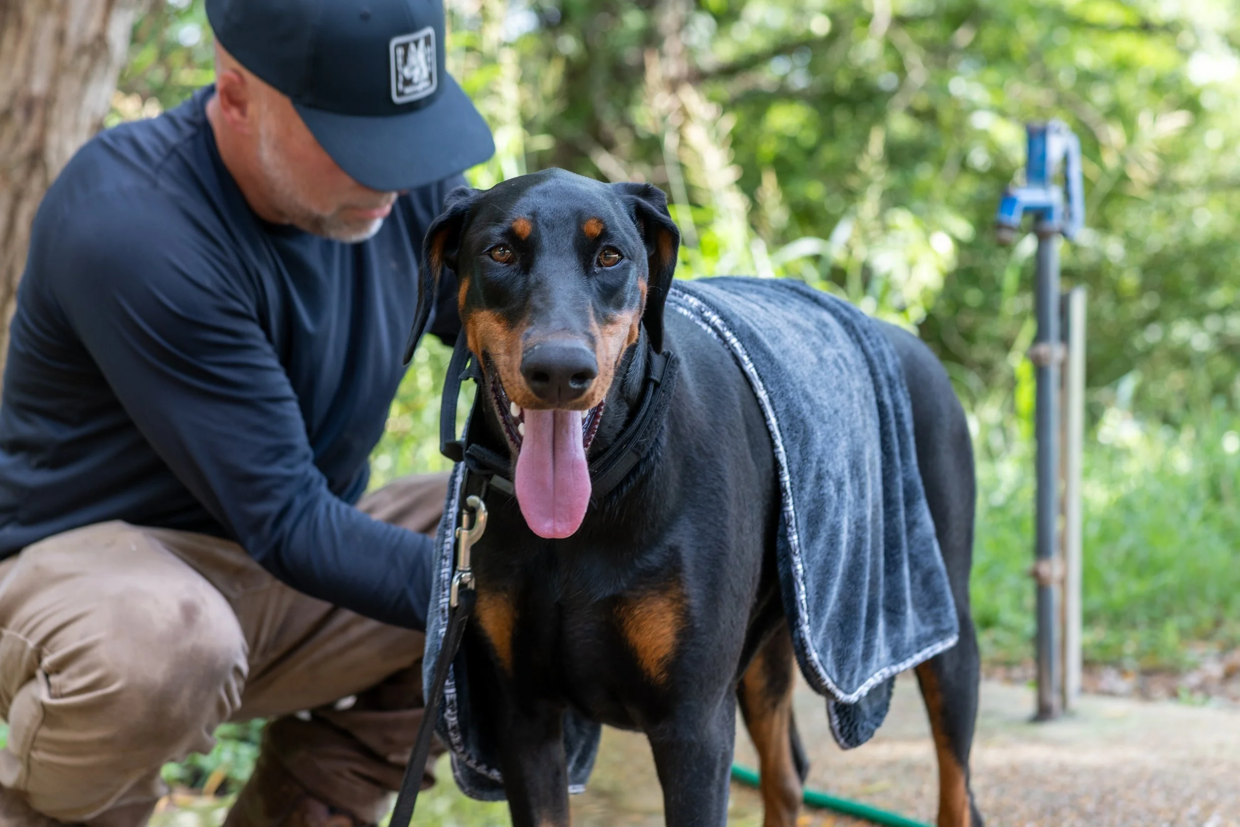 A man wearing a navy cap and navy long-sleeve shirt is with his head bowed, next to a large black and tan Rottweiler dog wearing a black harness and denim jacket, outdoors in a wooded area with green foliage.