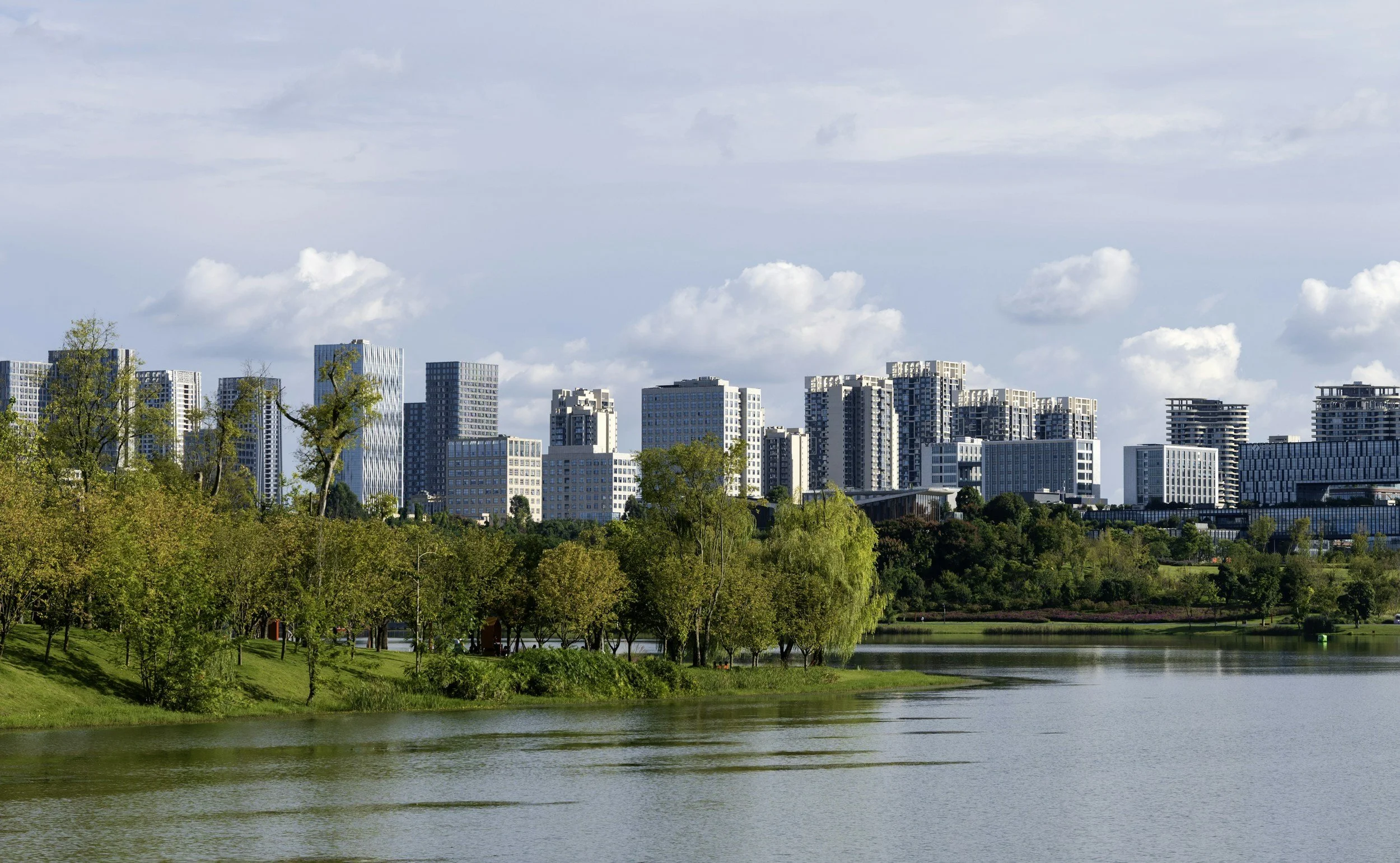 City skyline with modern high-rise buildings seen from a lake with green trees in the foreground.