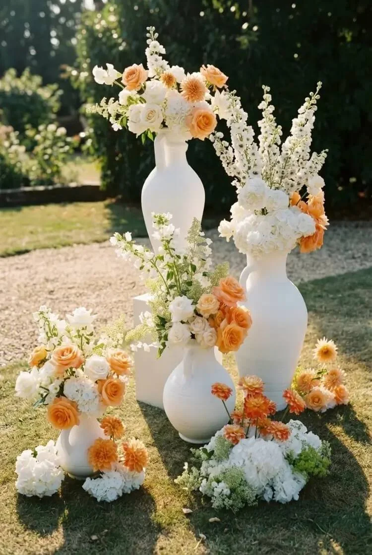 Elegant outdoor floral arrangement with white and peach flowers in white vases on grass, with sunlight and green foliage in the background.