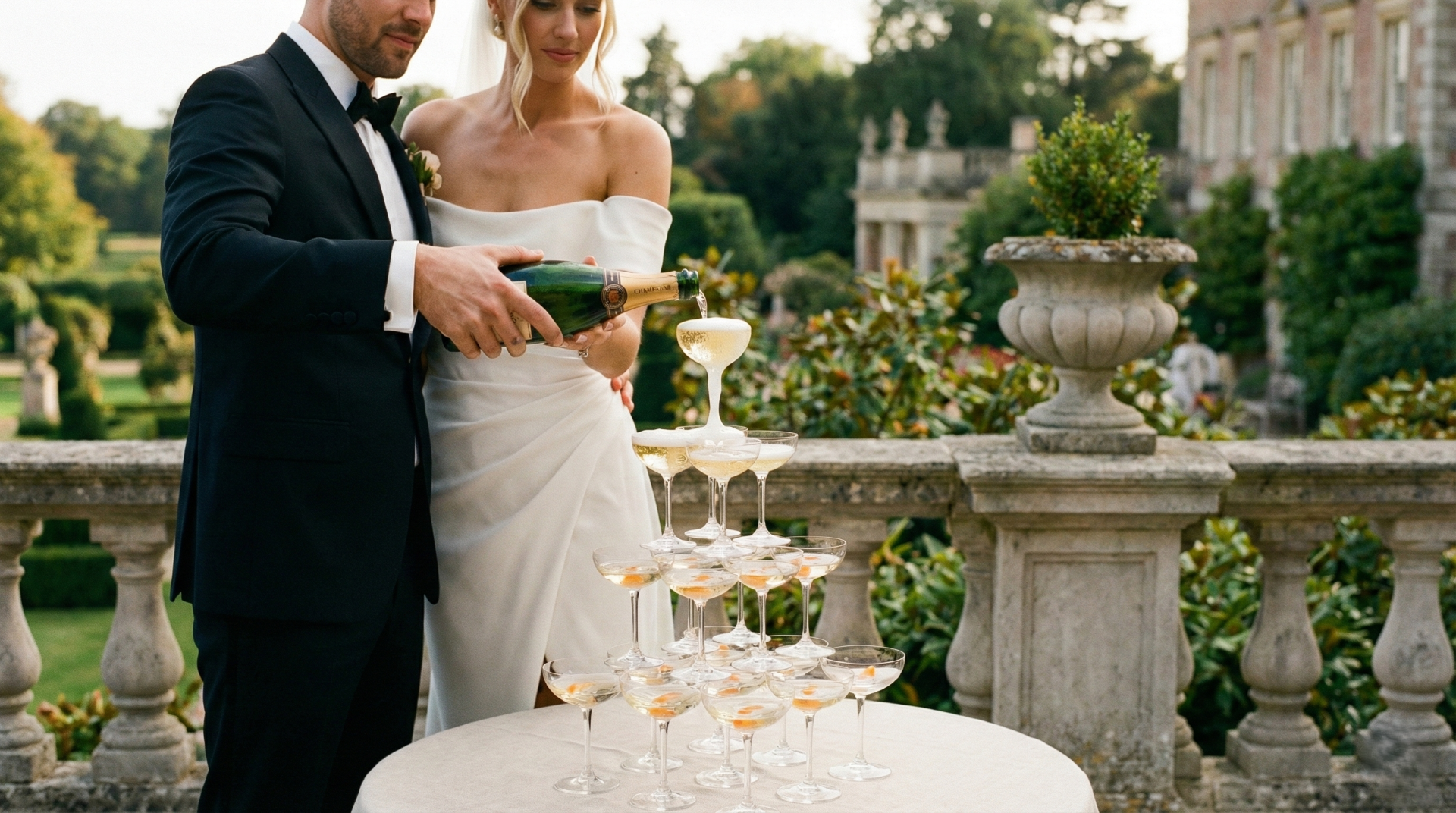 A newlywed couple in formal wedding attire pouring champagne into a pyramid of glasses on a table outdoors, with greenery and an old stone building in the background.