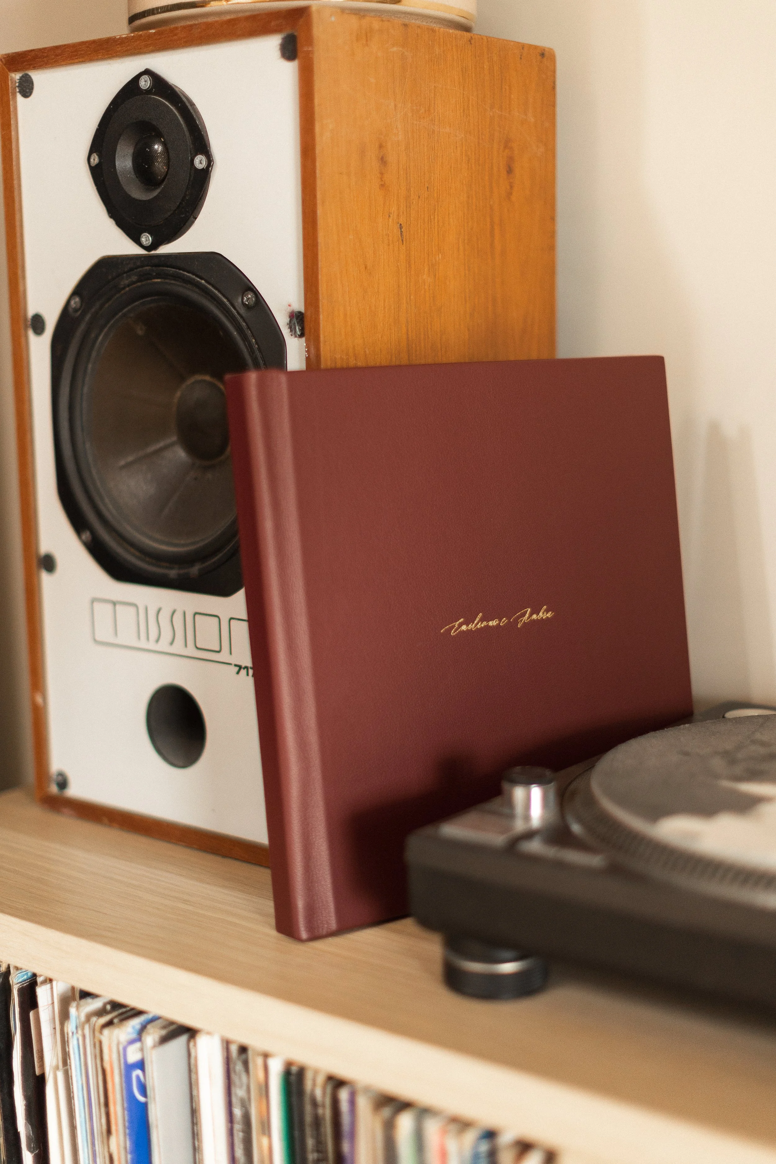 A vintage wooden speaker, a red book titled 'Tanore Ada,' and part of a turntable on a wooden shelf. Below the shelf are vinyl records.
