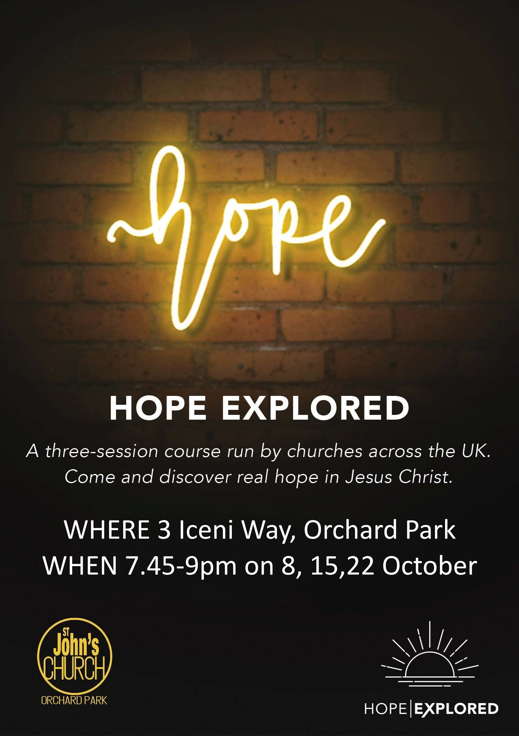 Hope Explored Course - 8, 15, 22 October, click for more info
