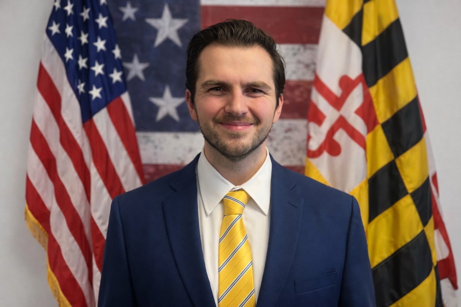 A man in a navy suit with a yellow and white striped tie, standing in front of American and Maryland flags, smiling.