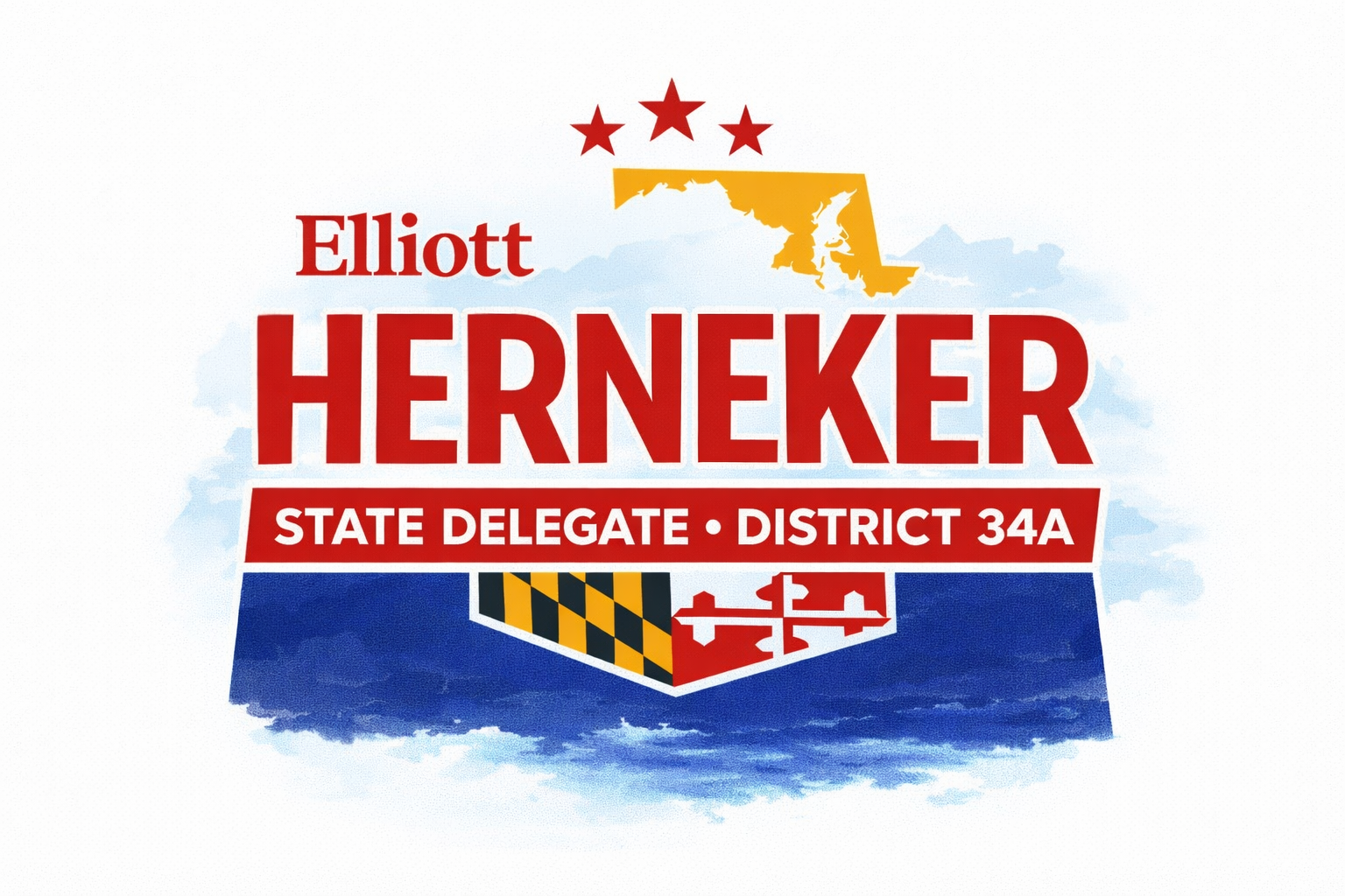 Political campaign graphic for Elliott Herneker, featuring a tokenizer, state of Maryland map, three red stars, and symbols of Maryland's flag colors, with text indicating state delegate district 34A.