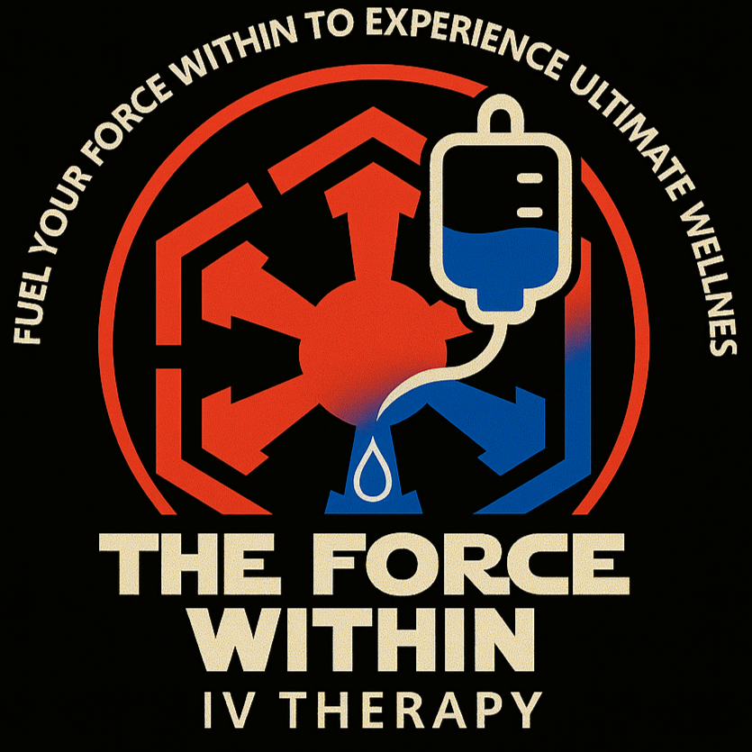 Logo with medical symbols and IV therapy text, featuring an IV drip, a water droplet, and arrows indicating flow, with the slogan 'Fuel your force within to experience ultimate wellness'.