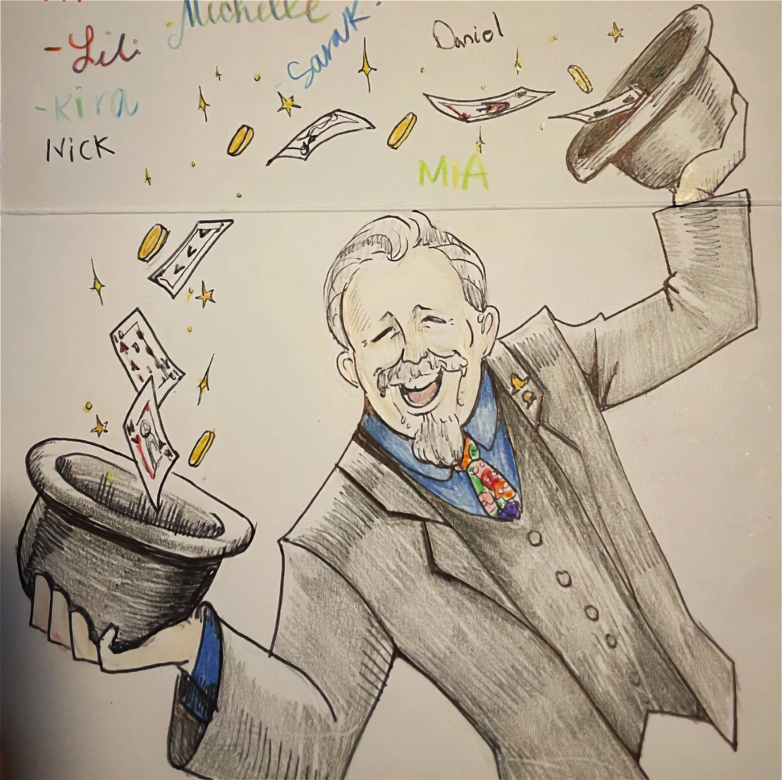 A custom photo as a gift to John from the Friendship foundation, drawn by Erica Bacon it shows John in a gray suit with his muppet tie holding a hat in each hand as cards and coins fly across. 
