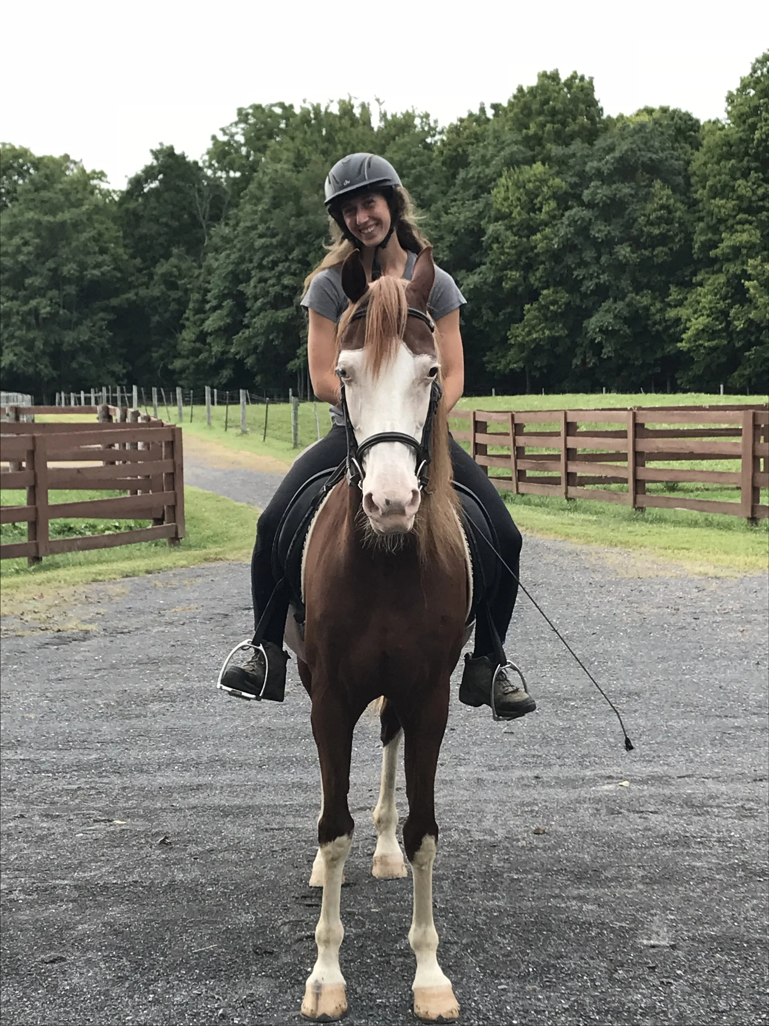 A woman with long brown hair wearing a black riding helmet, gray t-shirt, and black riding boots, smiling while sitting on a brown and white horse with a white face, on a gravel path with green trees and wooden fences in the background.