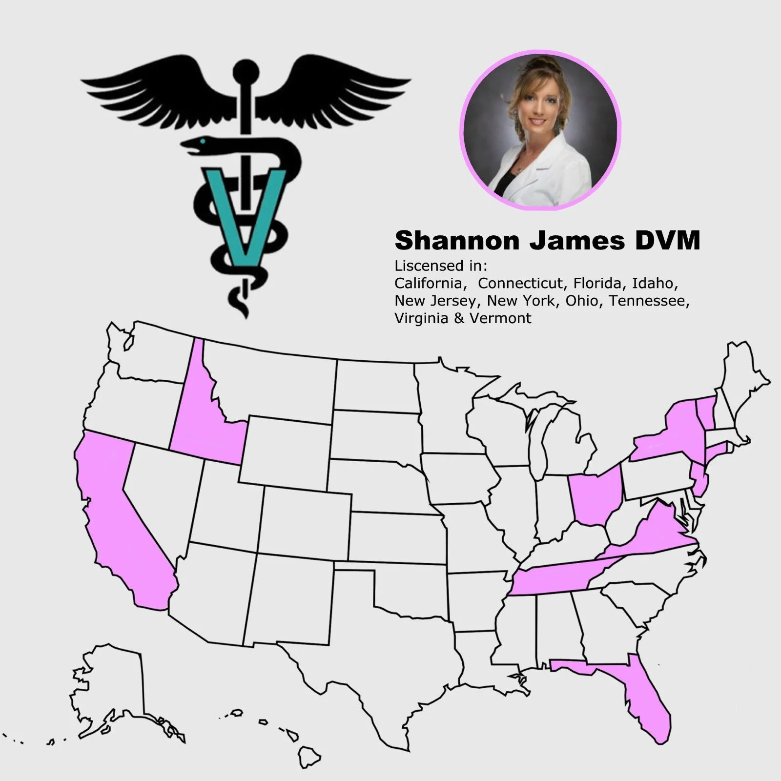 Map of the United States with states highlighted in purple indicating where veterinarian Shannon James DVM is licensed. A photo of Shannon James DVM in a circular frame is at the top right corner. The top left illustrates a veterinary caduceus symbol with a snake wrapped around a staff with wings. Below is a list of states where she is licensed, including California, Connecticut, Florida, Idaho, New Jersey, New York, Ohio, Tennessee, Virginia, and Vermont.
