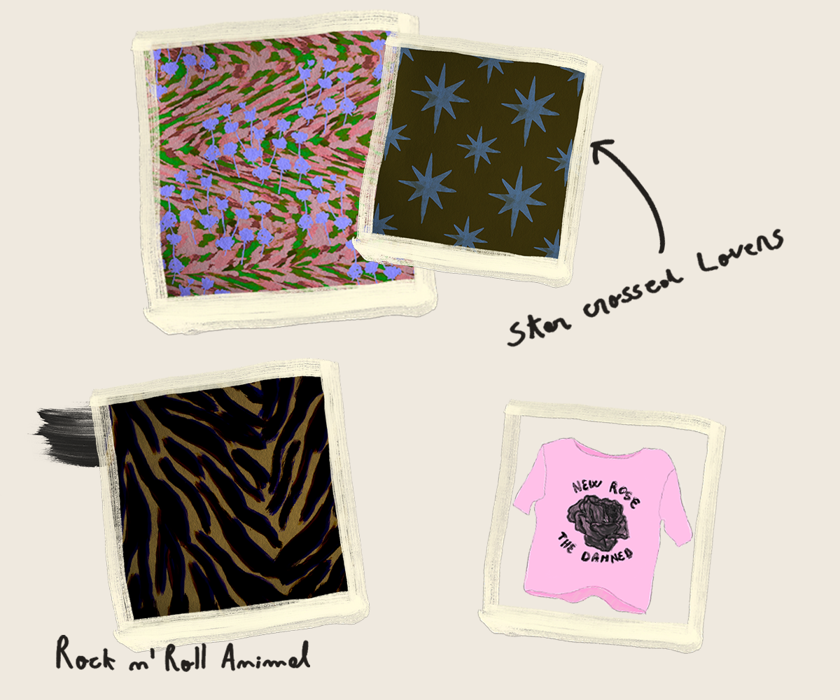 Collage de estampas de Pluton Studio: animal print, estrellas y flores