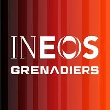 Logo of INEOS Grenadiers cycling team with red vertical stripes background.
