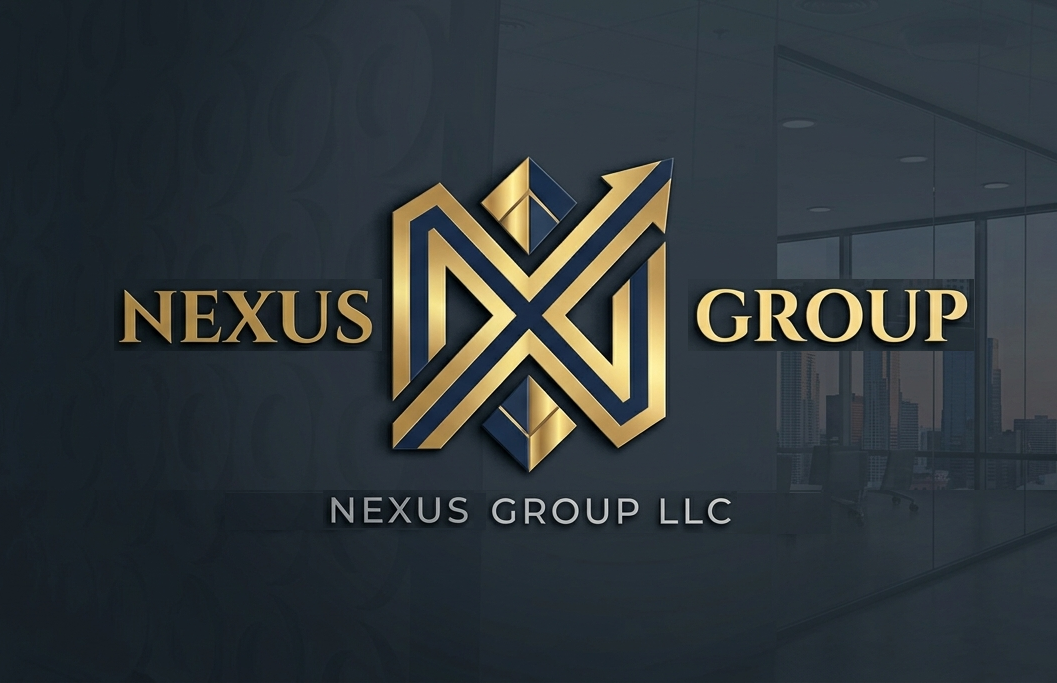 Nexus Group LLC logo with a stylized gold 'N' and 'X' design on a dark office background.