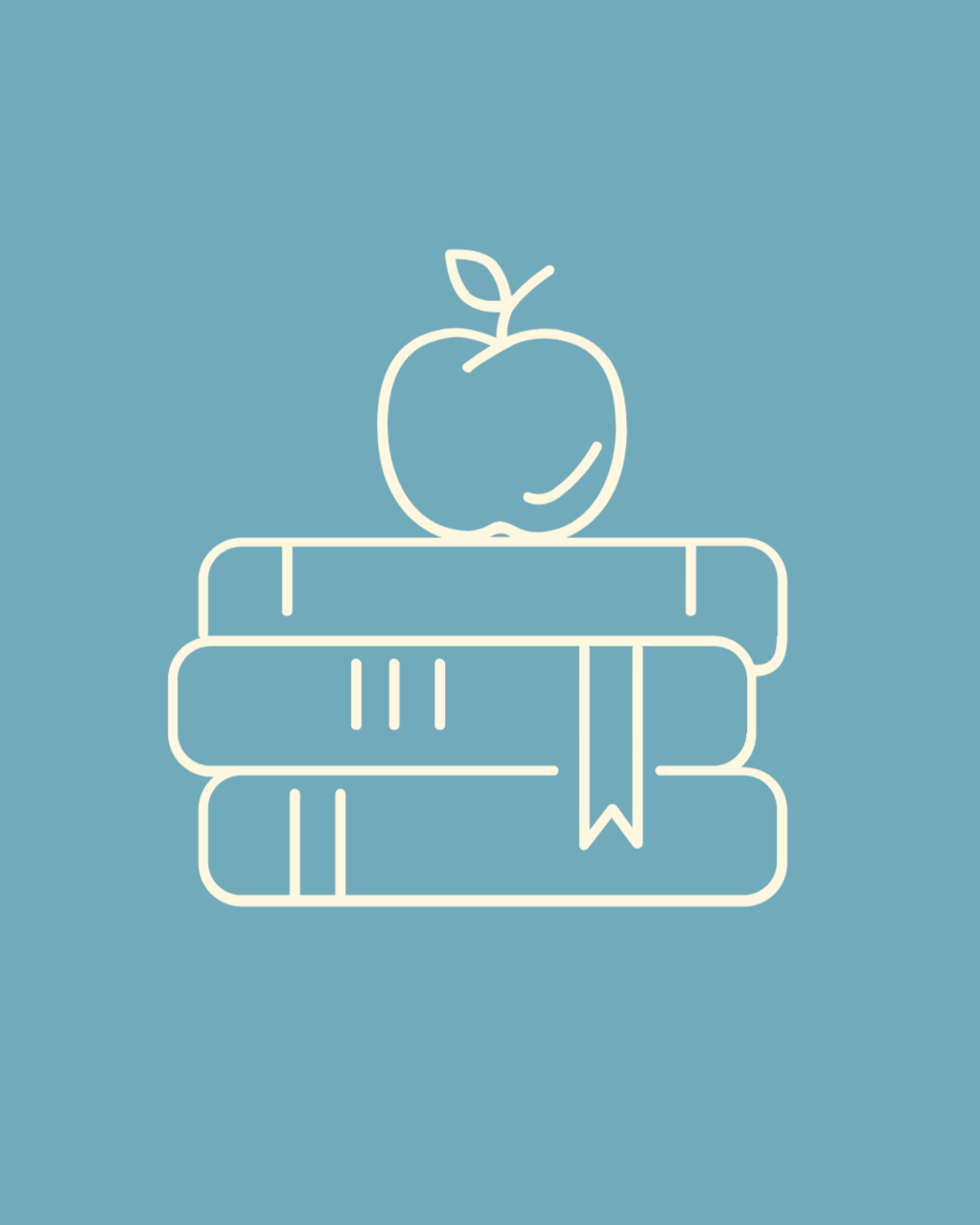 Line drawing of a stack of three books with an apple on top, on a blue background.