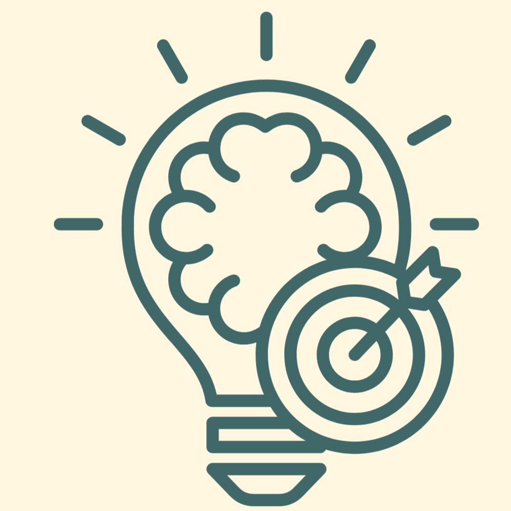 Light bulb with a brain inside and a dartboard with an arrow hitting the center, symbolizing ideas, creativity, and goal achievement.