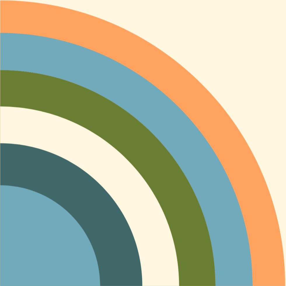 Abstract background with concentric semi-circles in shades of orange, blue, green, cream, and teal on a light cream backdrop.