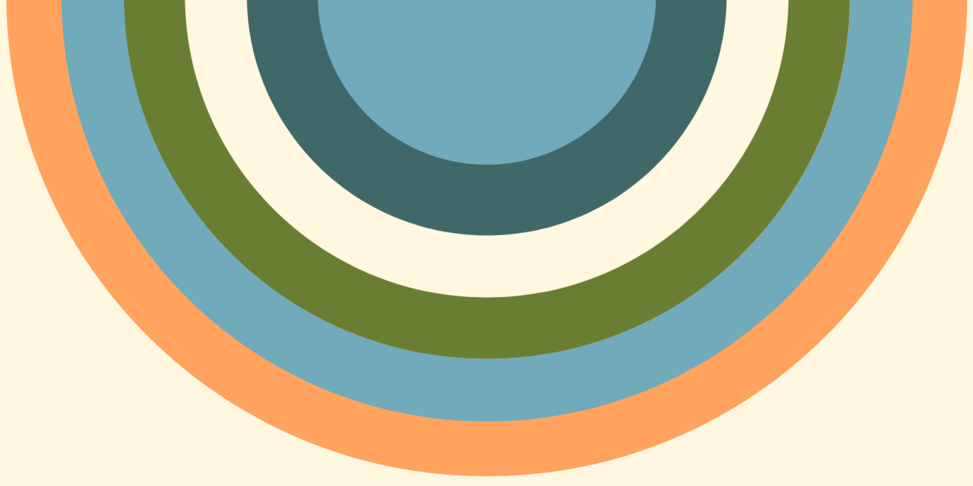Colorful concentric semi-circles in shades of blue, green, orange, and cream on a beige background, forming a rainbow-like pattern.