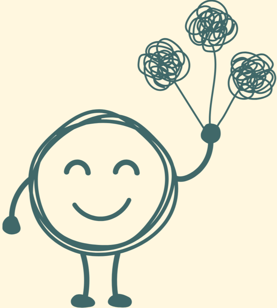 A cheerful, smiling round character with simple stick limbs holding a bouquet of three scruffy, hand-drawn flowers.