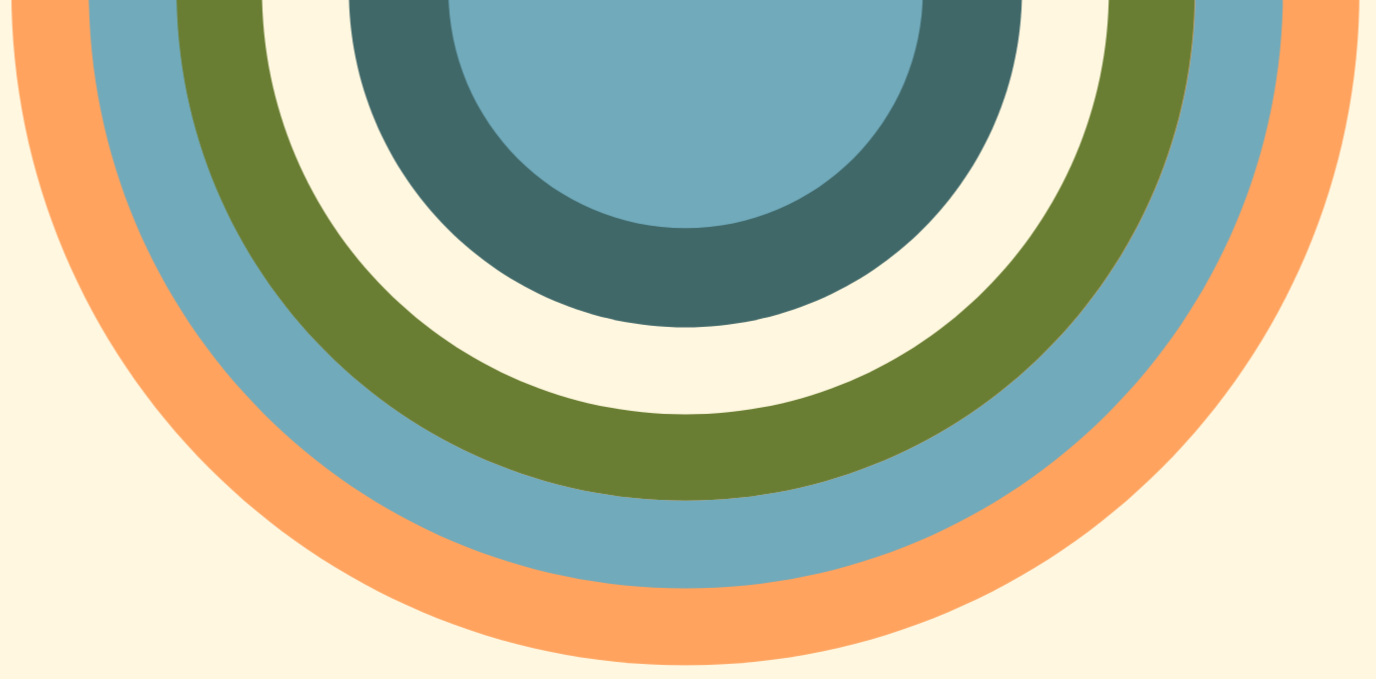 A colorful pattern of concentric semi-circles in shades of orange, blue, green, white, and teal on a beige background.