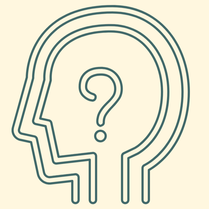 Illustration of a human head outline with a question mark inside, symbolizing curiosity or a question.