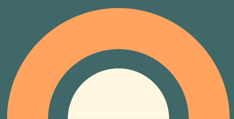 Colorful geometric design with two concentric semi-circular shapes in peach and dark teal, and a white semi-circle in the center.