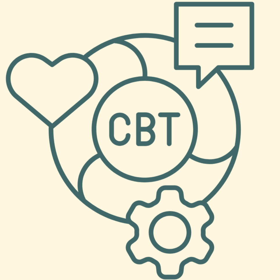 Diagram illustrating mental health support with interconnected icons: a heart, a speech bubble, a gear, and the text 'CBT' in the center.