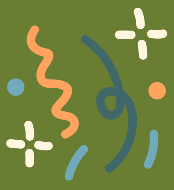 Abstract colorful squiggles and shapes on a green background