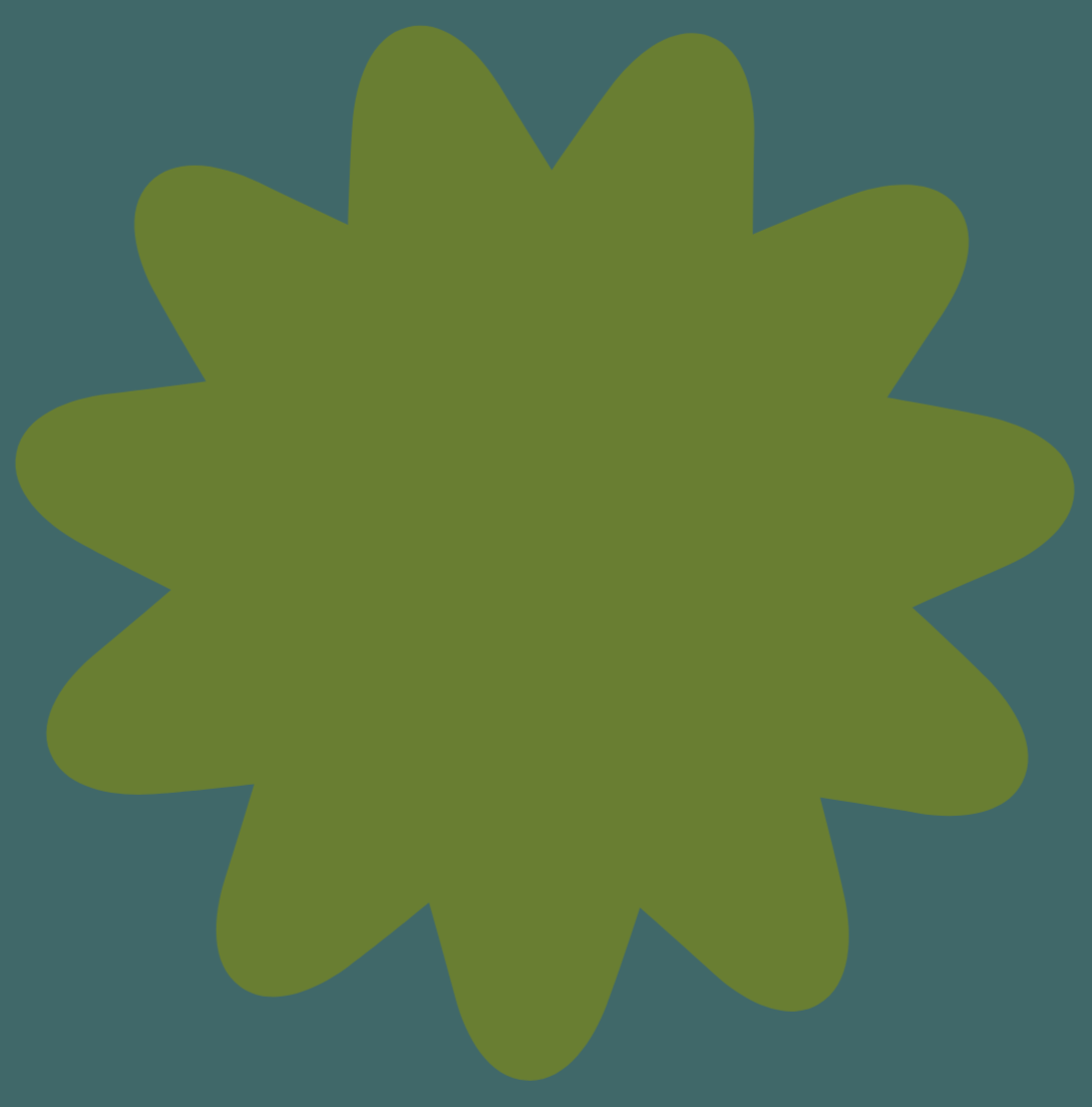 Green abstract shape with multiple rounded protrusions on a dark teal background.