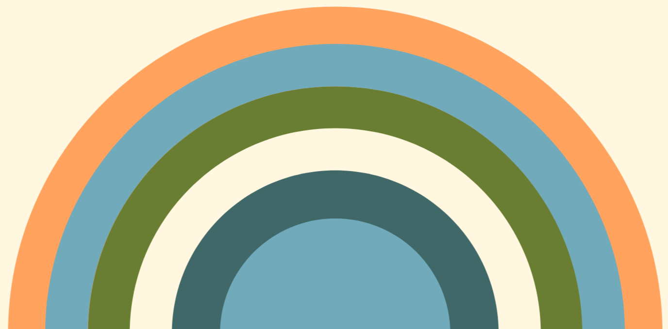 Colorful concentric semi-circles creating a rainbow pattern against a light beige background.