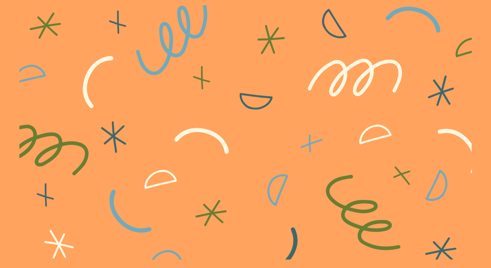 Colorful abstract pattern with squiggly lines, asterisks, and semi-circles on an orange background.