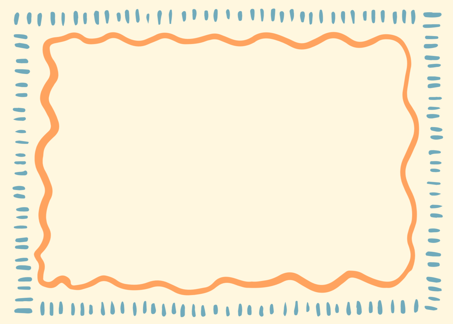 Blank decorative frame with orange wavy border and blue dashed border on beige background