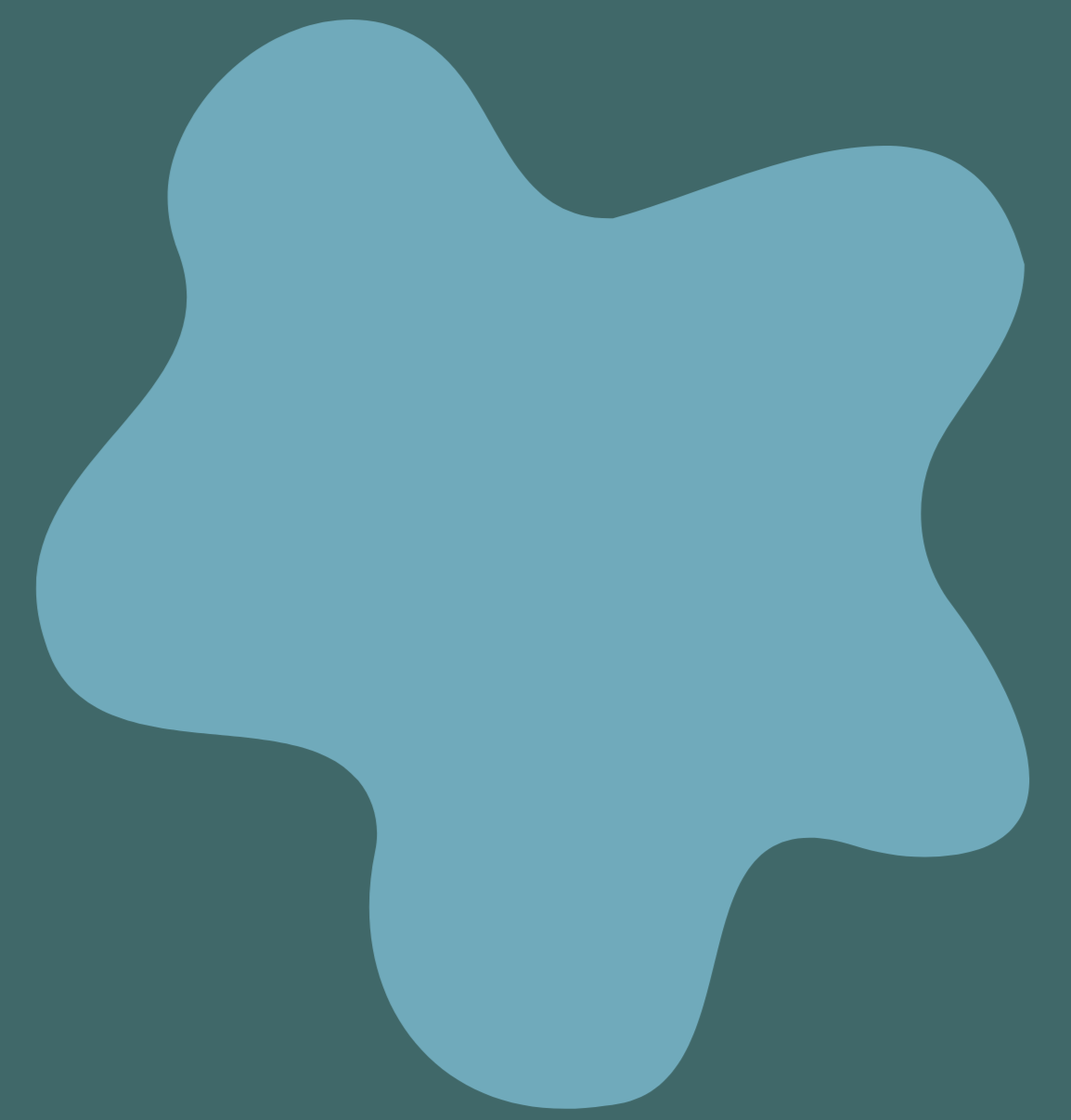 An abstract blue shape with irregular edges on a dark teal background.