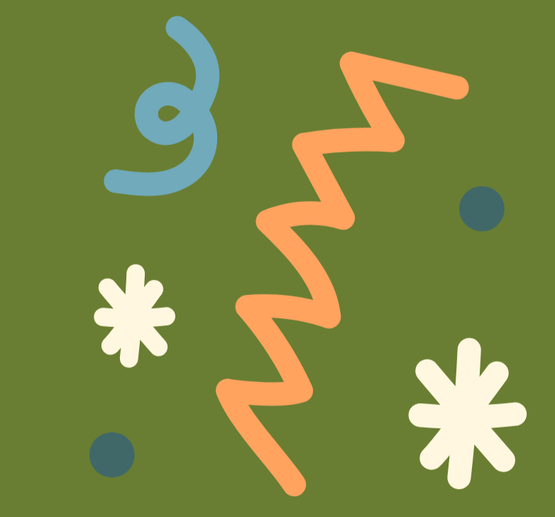 Abstract shapes and squiggles on a green background, including an orange zigzag line, a blue spiral, two white star-like shapes, and two small dark blue circles.