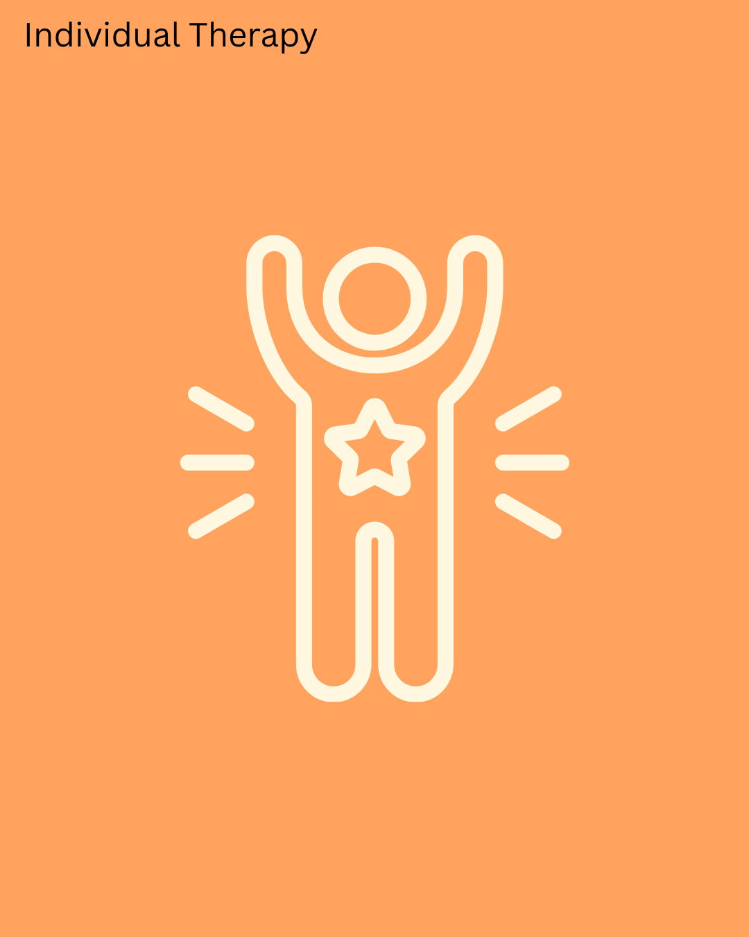 Minimalist line drawing of a person with arms raised, with a star on the chest, on an orange background. Text reads 'Individual Therapy' at the top.