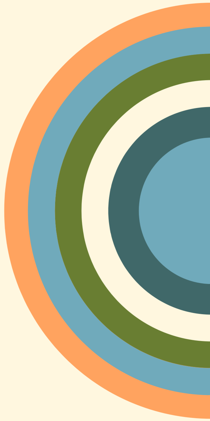 A vintage-style rainbow with concentric arcs in pastel shades of orange, blue, green, white, and dark teal on a beige background.