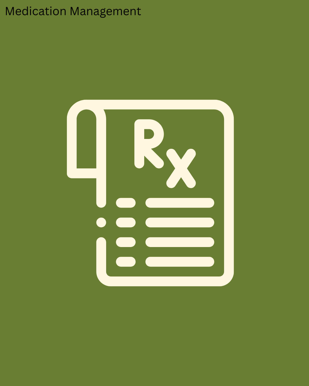 Icon representing medication management with a prescription sheet and a pharmacy symbol (Rx) on a green background.