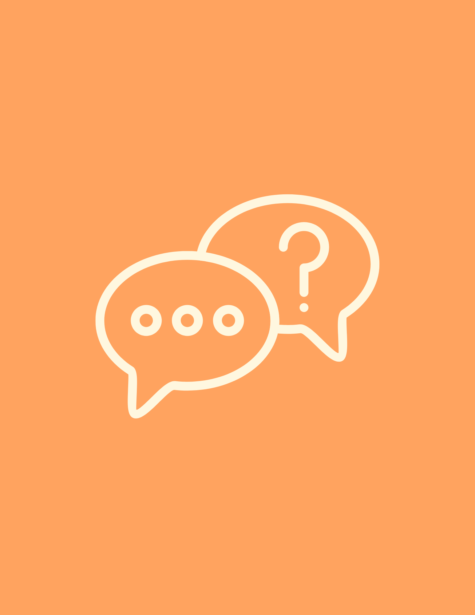 Two communication icons, speech bubbles with three dots and a question mark, on an orange background.