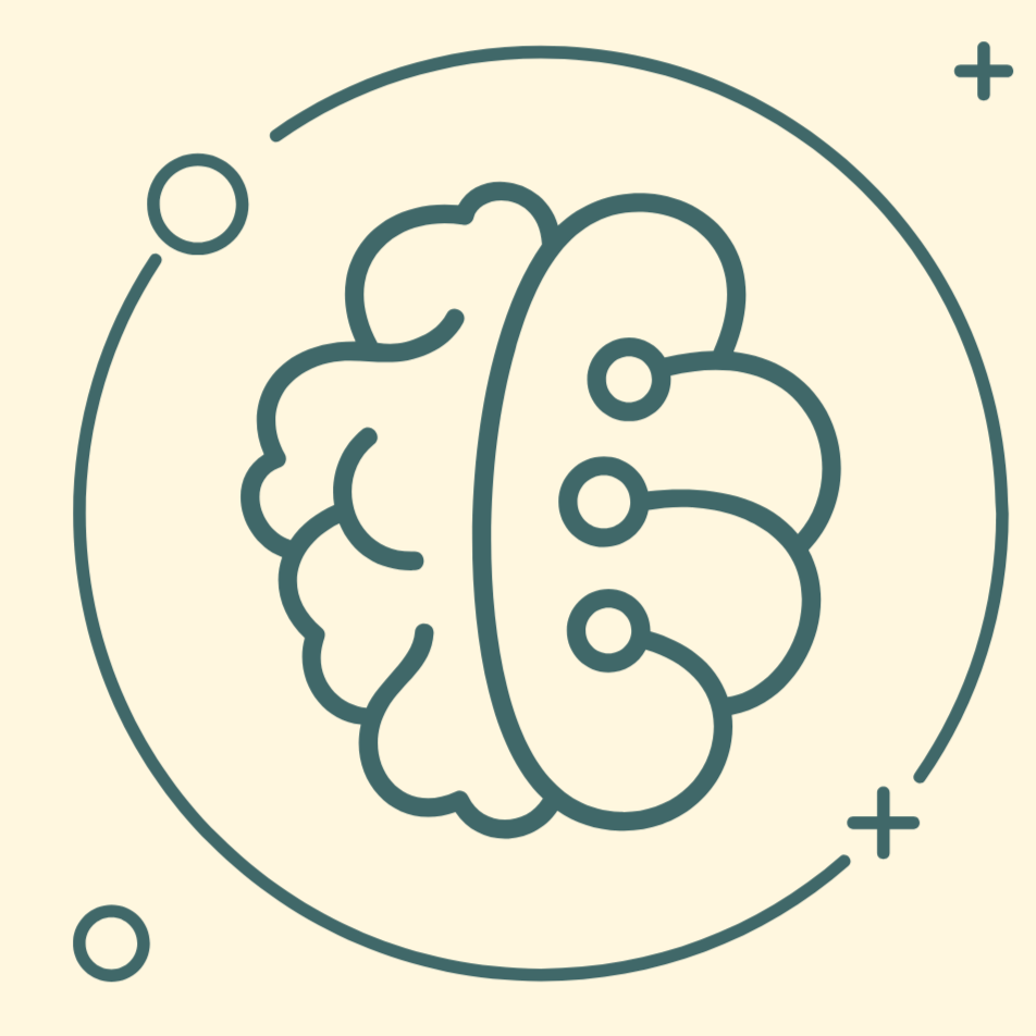 Line drawing of a brain with connected nodes, representing artificial intelligence or neural networks.