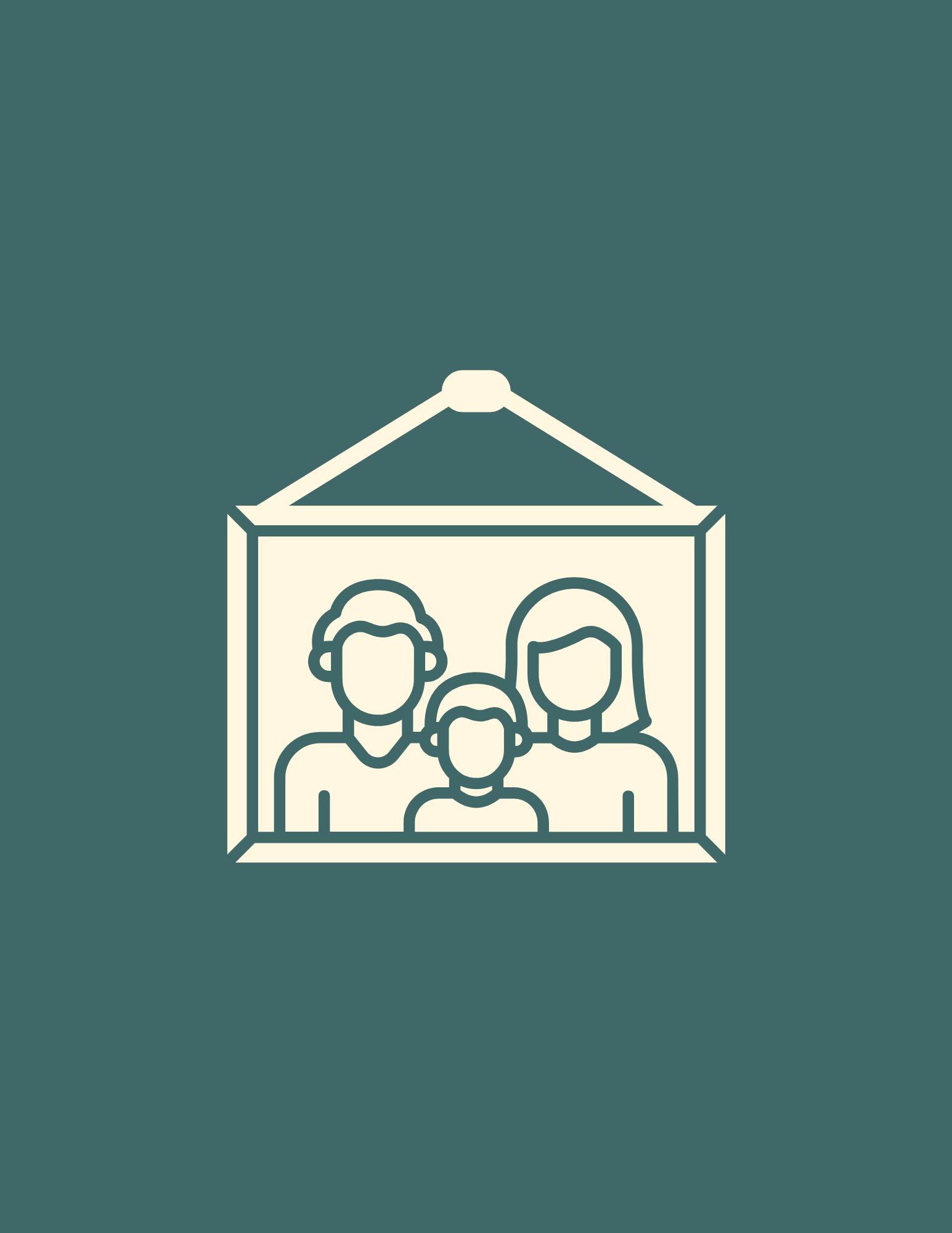 Line drawing of a family portrait inside a picture frame hung on the wall.