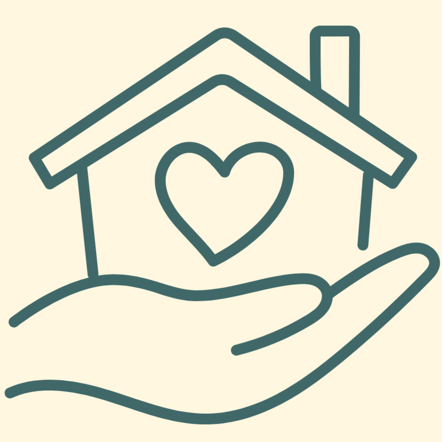 Line drawing of a hand holding a small house with a heart on it, representing home and care.