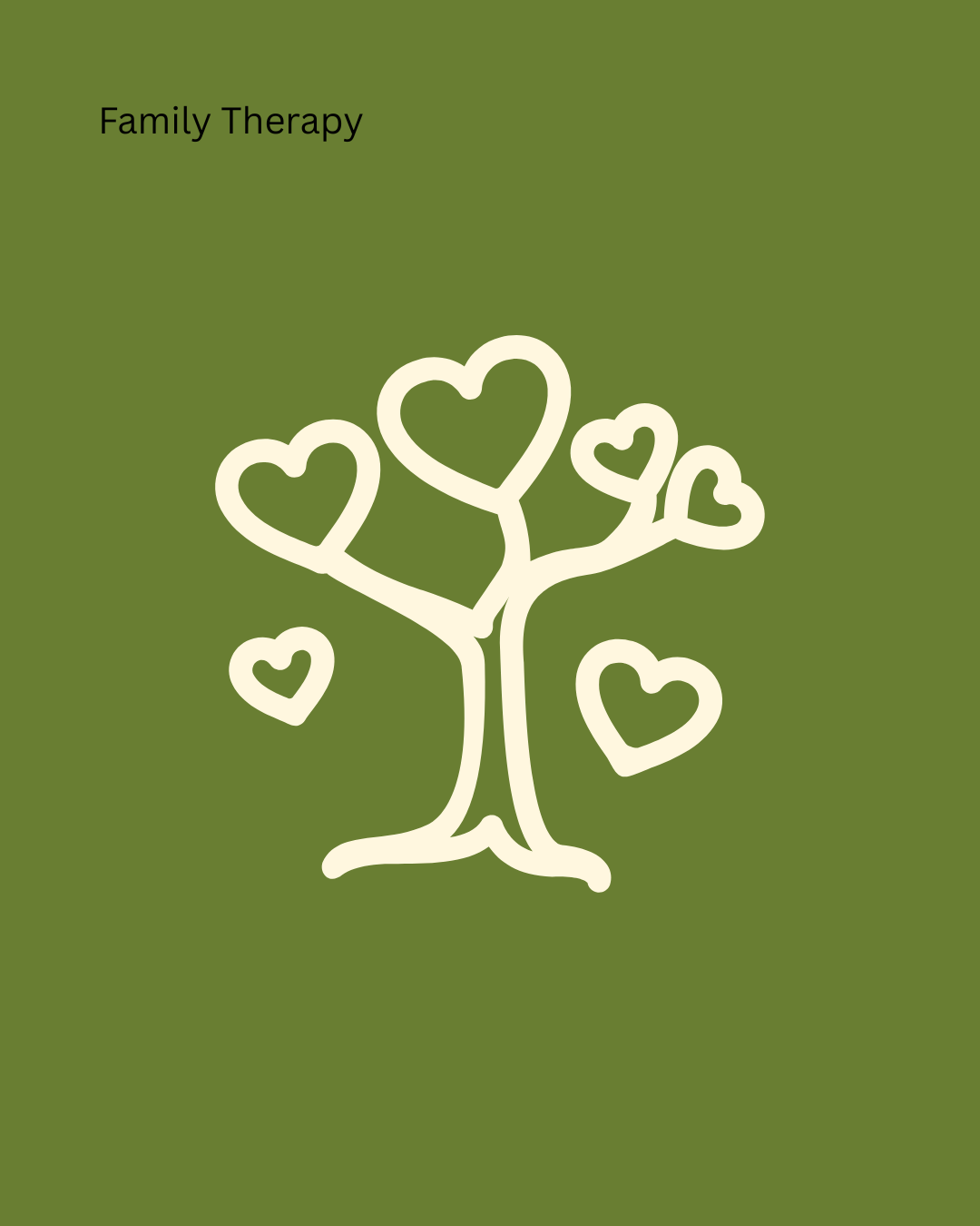 A graphic of a tree with a white outline and heart-shaped leaves on a green background, labeled 'Family Therapy'