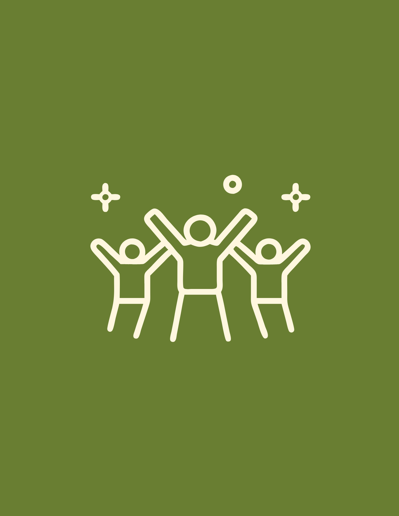 Line drawing of three people with arms raised, surrounded by small sparkles on a green background.