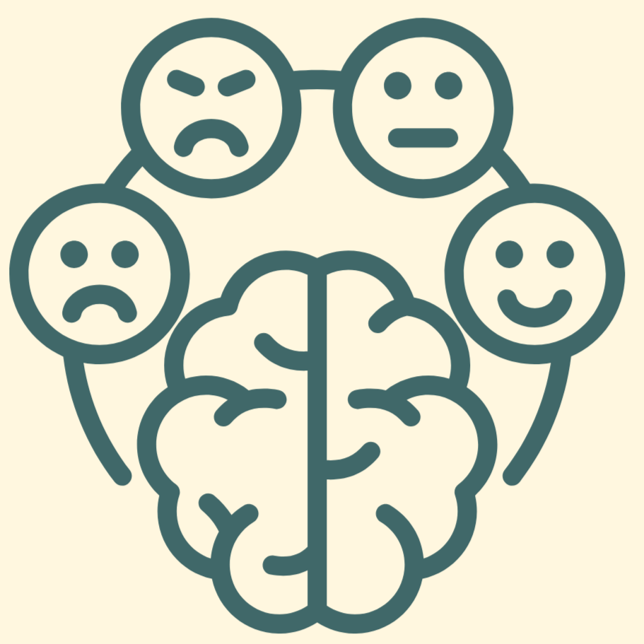Illustration of a brain surrounded by five emoticons showing different facial expressions, including happy, sad, and angry.
