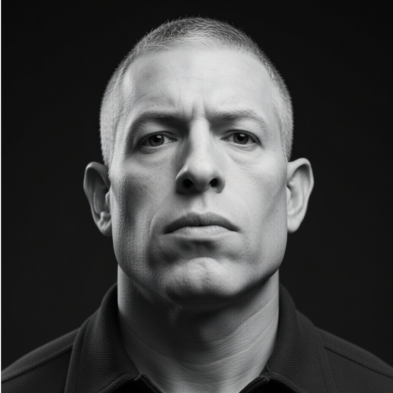 Black and white portrait of a man with a serious expression, short blond hair, and wearing a dark shirt against a dark background.