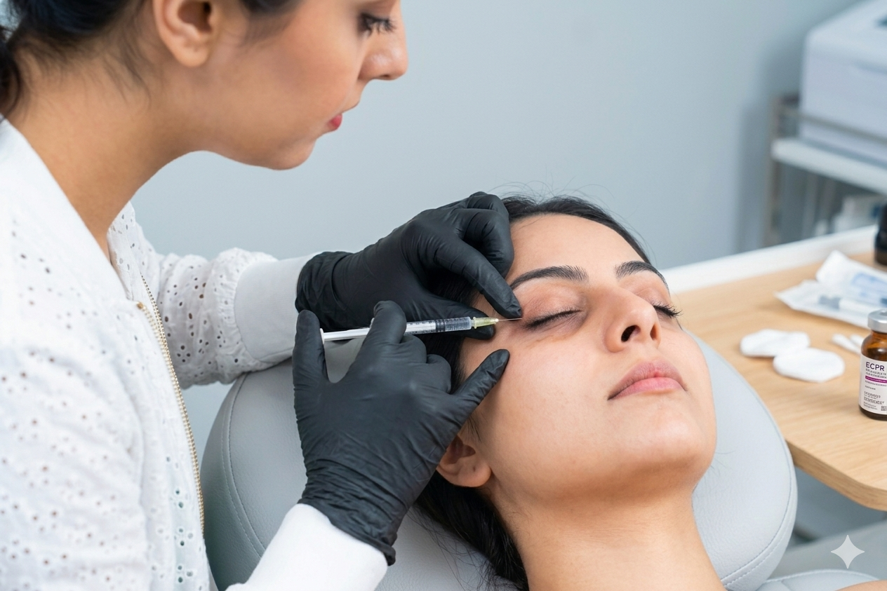 Persona recibiendo una inyección en el rostro por un profesional médico con guantes negros en una clínica estética.
