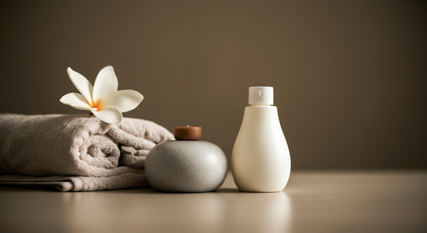 Toallas beige enrolladas, una flor blanca, una piedra decorativa gris con tapa marrón, un recipiente blanco y una botella de loción sobre una superficie de madera, fondo oscuro.