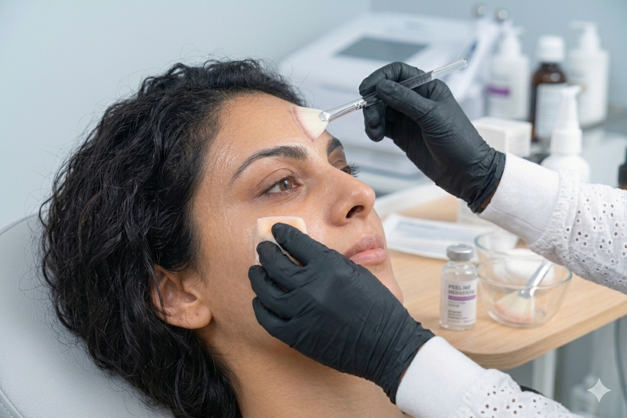 Una mujer recibe un tratamiento facial en un consultorio médico, mientras un profesional con guantes negros limpia su rostro y aplica productos para el cuidado de la piel.