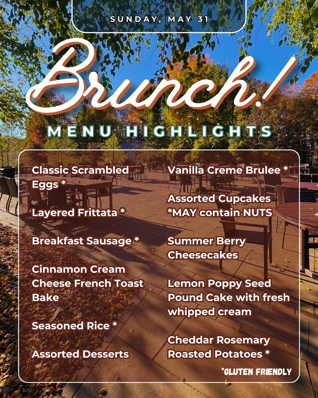 Join us this Sunday, for a fun, full, and filling Brunch Buffet.

This week's menu highlights include Cinnamon Cream Cheese French Toast Bake, 
Seasoned RIce, and Summer Berry Cheesecakes.

Seating is from 10 - 1, reservations are appreciated, 
but w