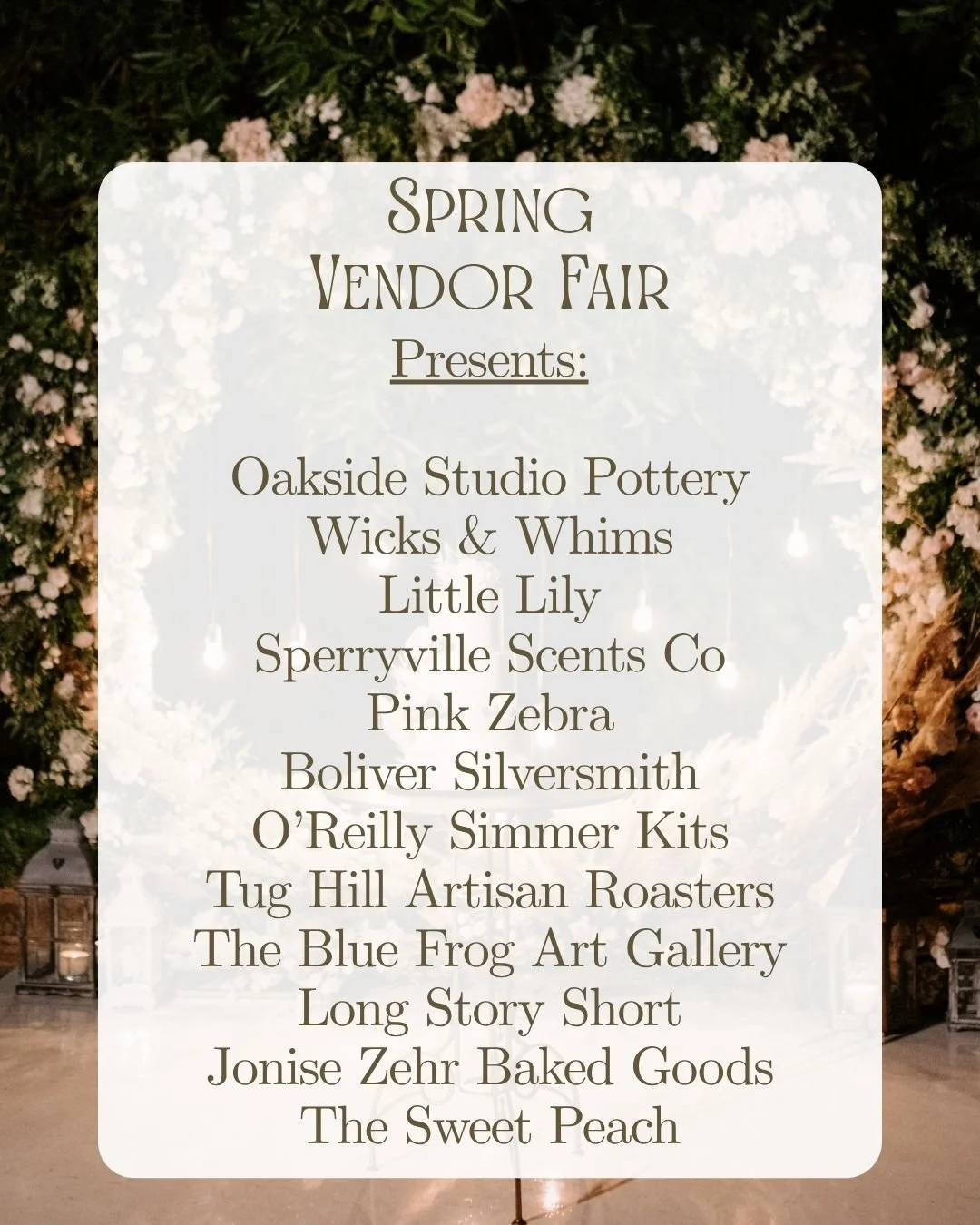Ladies and Gentlemen, join us next Saturday, June 6th for our Spring Vendor Fair!

This is a no-frills, rain or shine event, right here at the Estate. From 11am to 5pm, Local crafters and vendors will be set up on the terrace and on the great lawn be